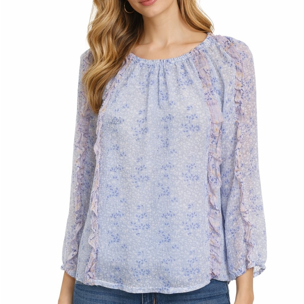 Ann Taylor Women's Small Top Floral Long Sleeve Ruffled Elastic Neckline Blouse